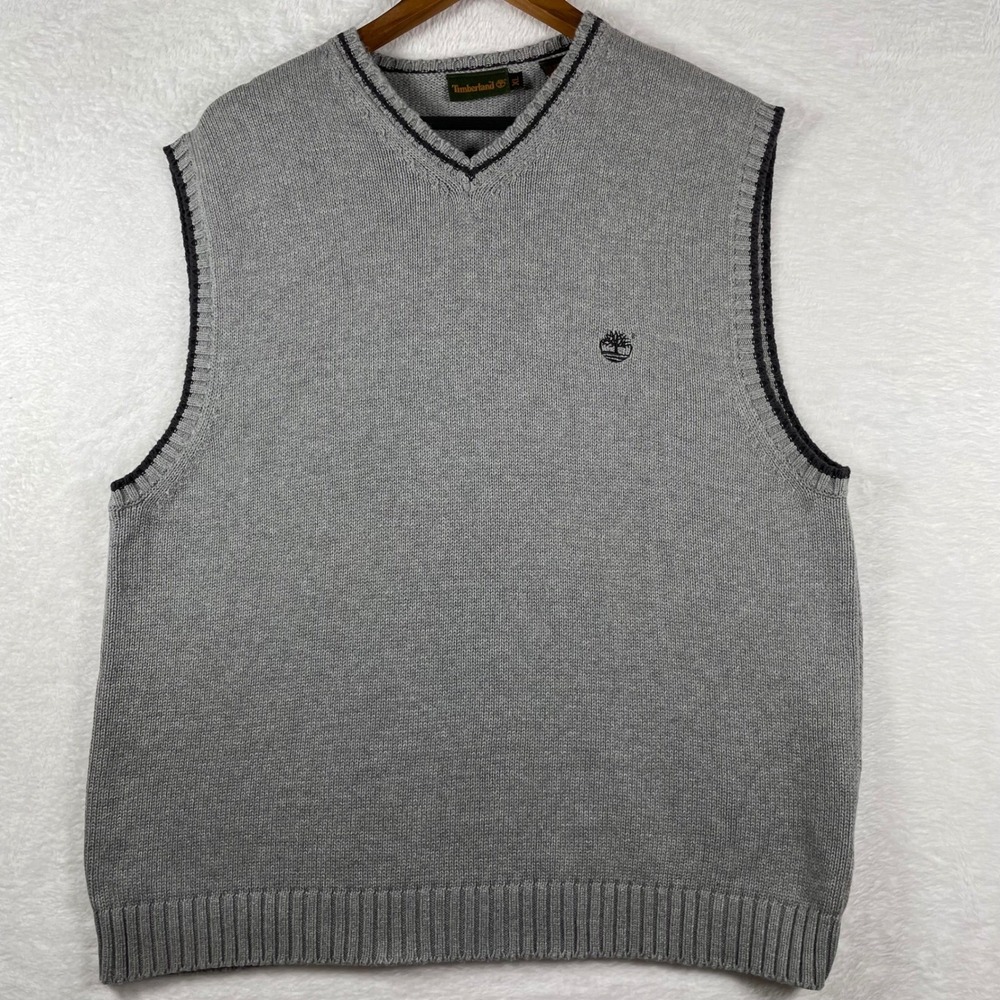 Timberland Men's Grey V Neck Sweater Vest Knit Logo XL Casual Layering